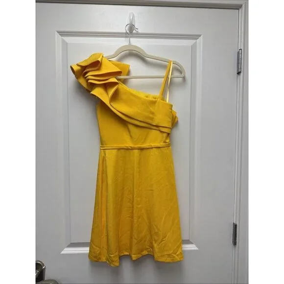 Mac Duggal Size 0 Yellow One Shoulder Ruffle Mini Sheath Cocktail Dress New - Picture 7 of 12